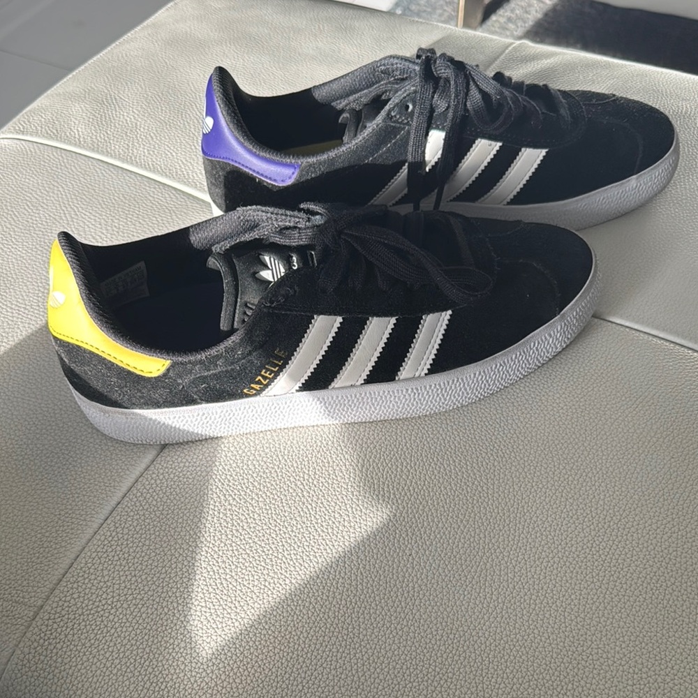 Adidas GAZELLE Black Suede Sneakers with Purple and Yellow Accents